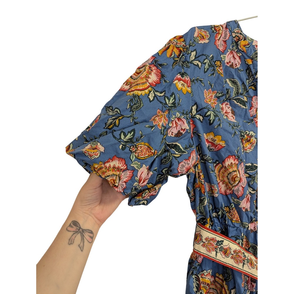 Joie Baha Floral Dress Puff Sleeve Belted Preppy Colorful Blue Size 10 - Picture 6 of 8